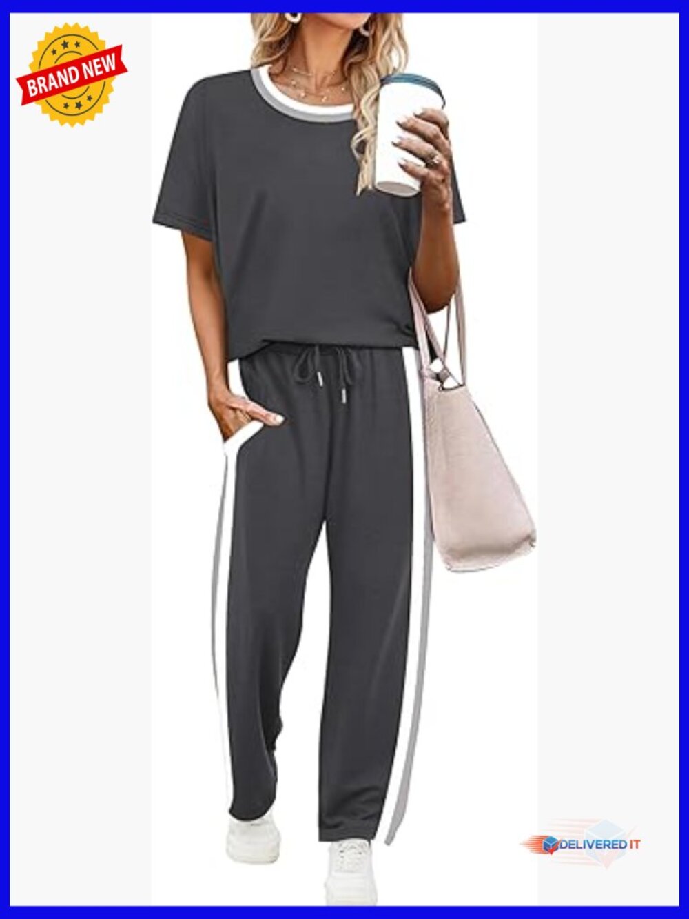 2 Piece Lounge Set Matching Summer Outfit Short Sleeve Top Wide Leg Pants with